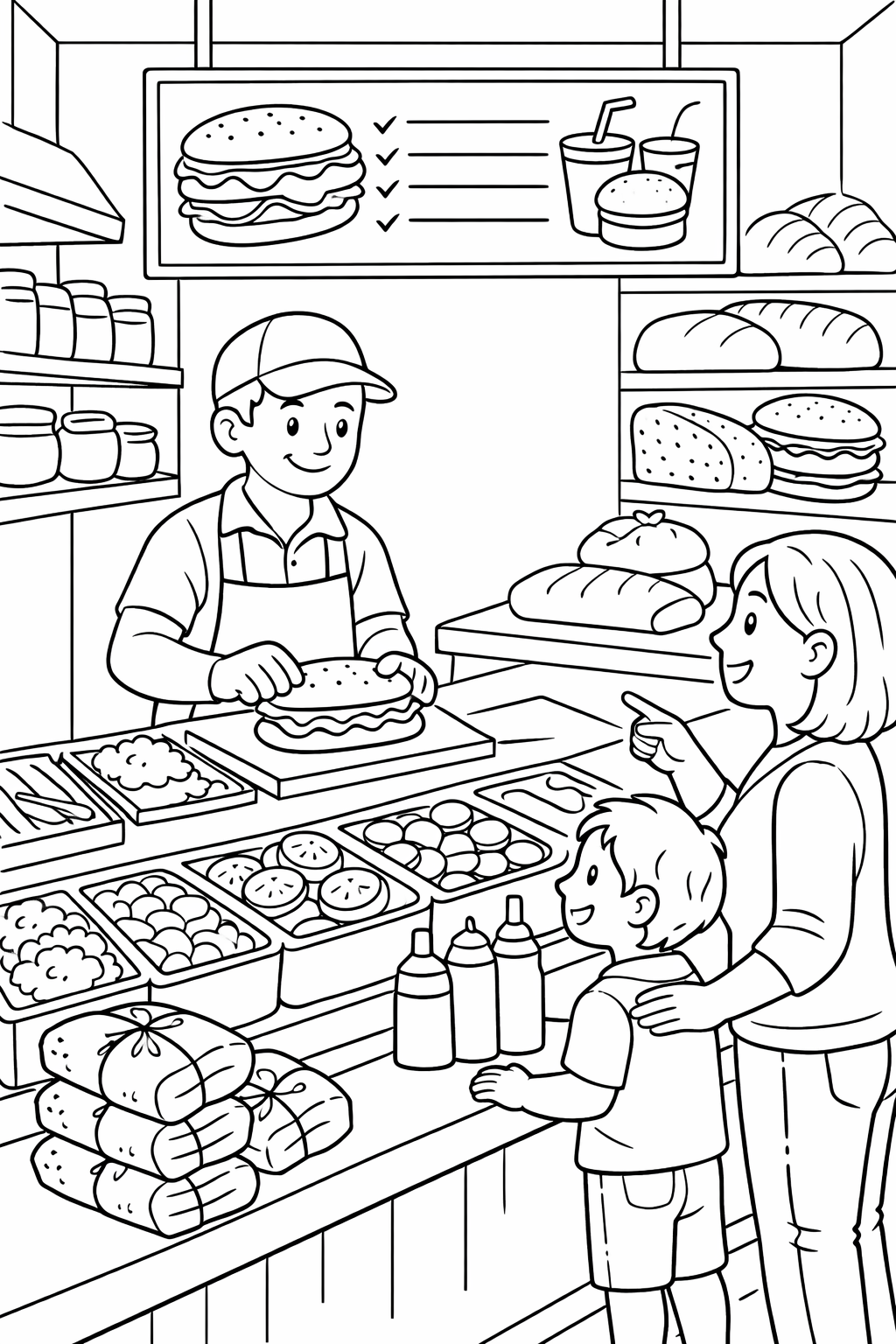 A lively burger shop scene for kids to color. Includes a shopkeeper, a family ordering, and plenty of burger ingredients on display. The setting is cheerful and inviting, encouraging creativity and fun.