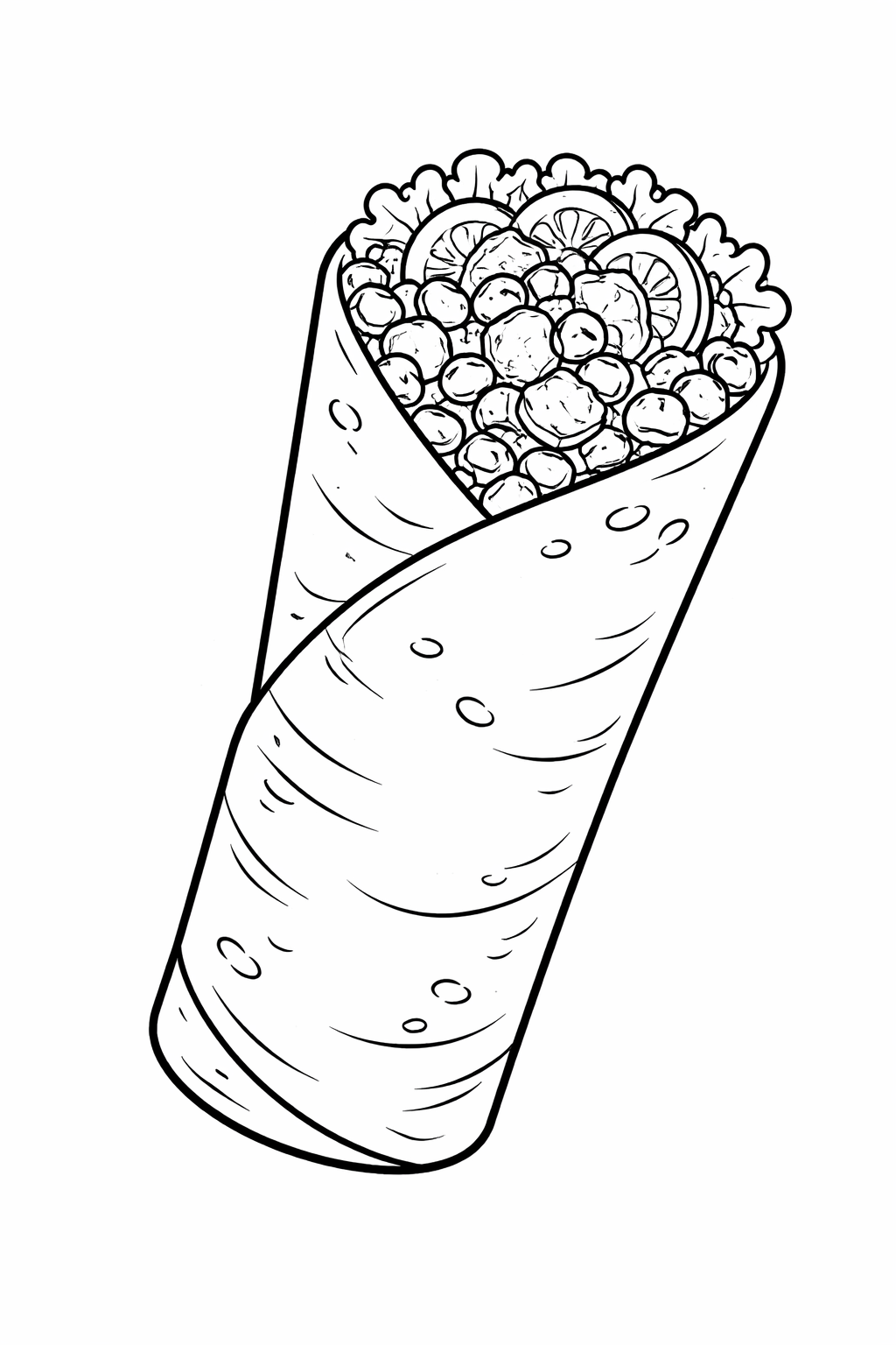 Children's coloring page of a burrito wrapped with vegetables and toppings like lettuce and tomatoes. A fun and engaging activity encouraging creativity with colors.