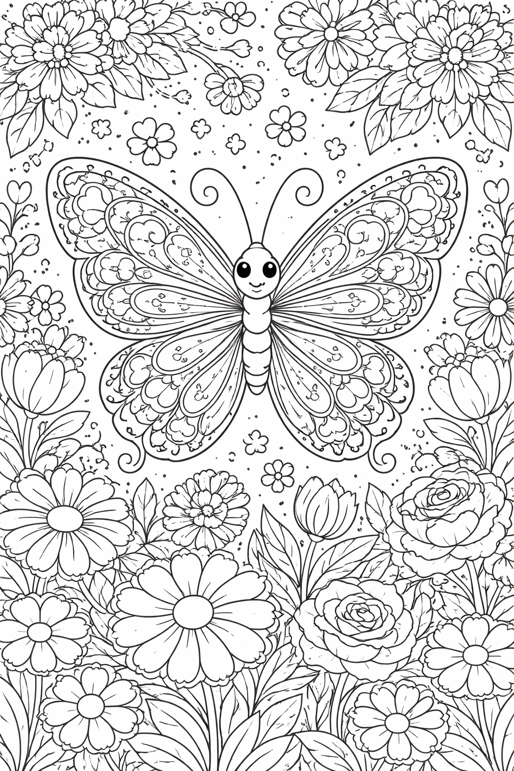 A detailed butterfly with intricate wing patterns surrounded by a variety of flowers, offering children a delightful coloring experience to explore creativity and enhance artistic skills.