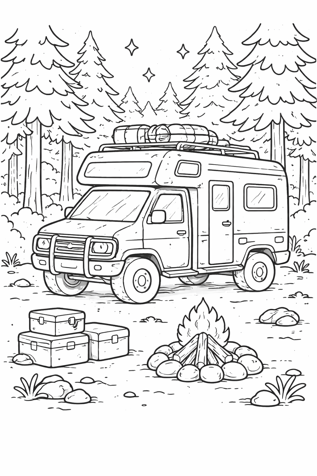 A camper van in a forest setting with campfire and logs, surrounded by trees, providing an adventurous scene for young artists to color and enjoy.