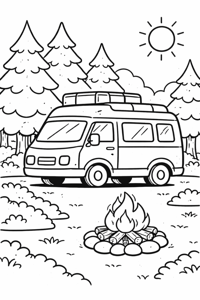 Coloring page of a camper van in a forest with a campfire and sunny sky, offering kids a nature-themed activity to enhance their creativity and love for outdoors.