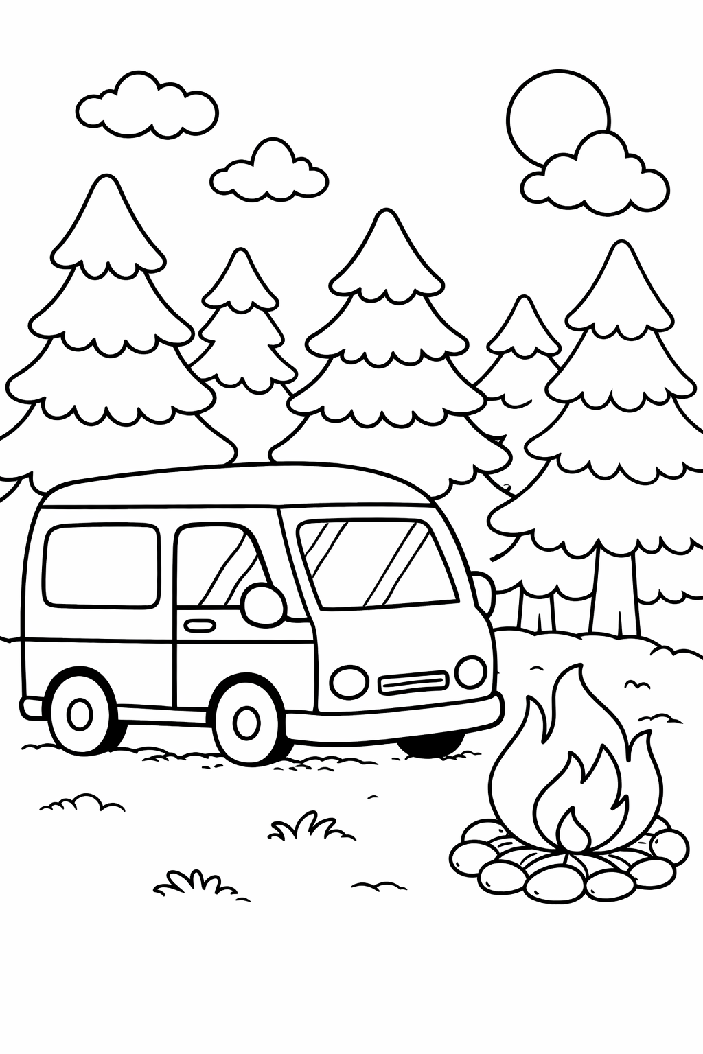 A joyful children's coloring page showing a camper van by a campfire with pine trees and clouds. It's designed for young adventurers to fill with vibrant colors and explore a fun outdoor camping experience.