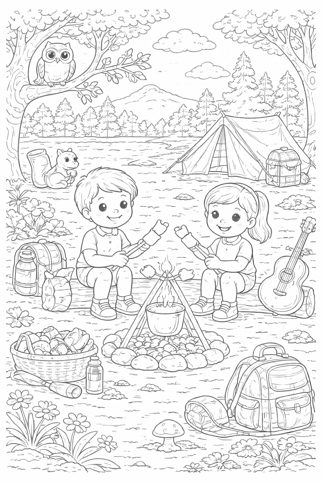 Camping scene with kids roasting marshmallows, an owl, and a squirrel. Features a tent, backpacks, and a guitar under trees with a scenic mountain view.