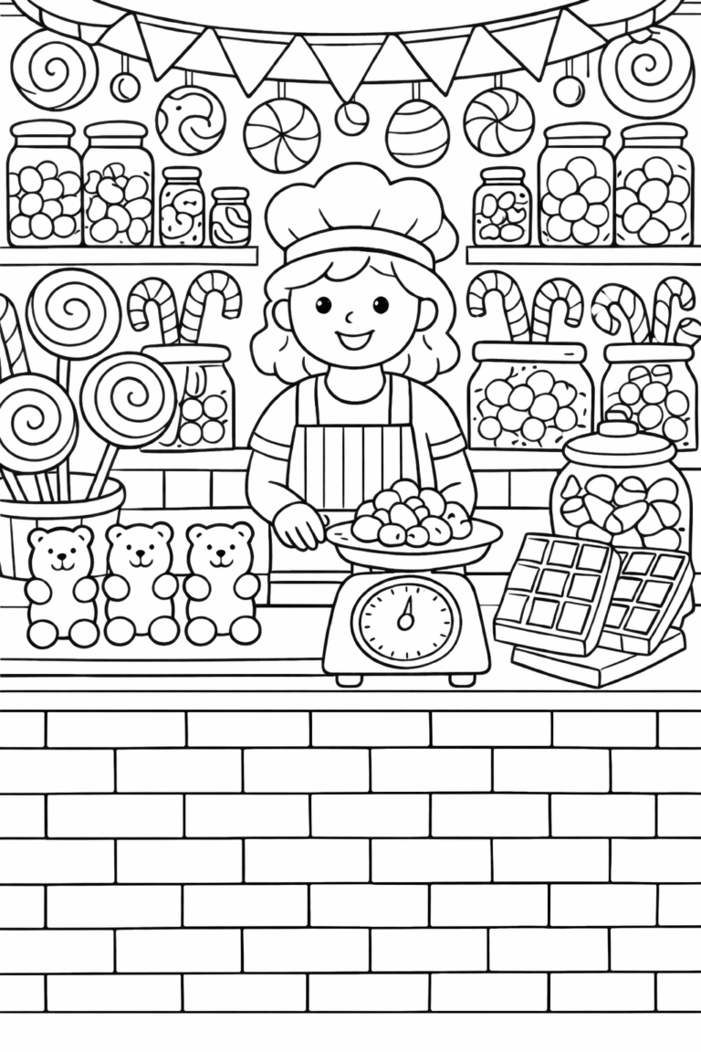 A delightful candy store scene with a shopkeeper and various sweet treats, including lollipops, gummy bears, and jars of candies, ready to be colored by children.