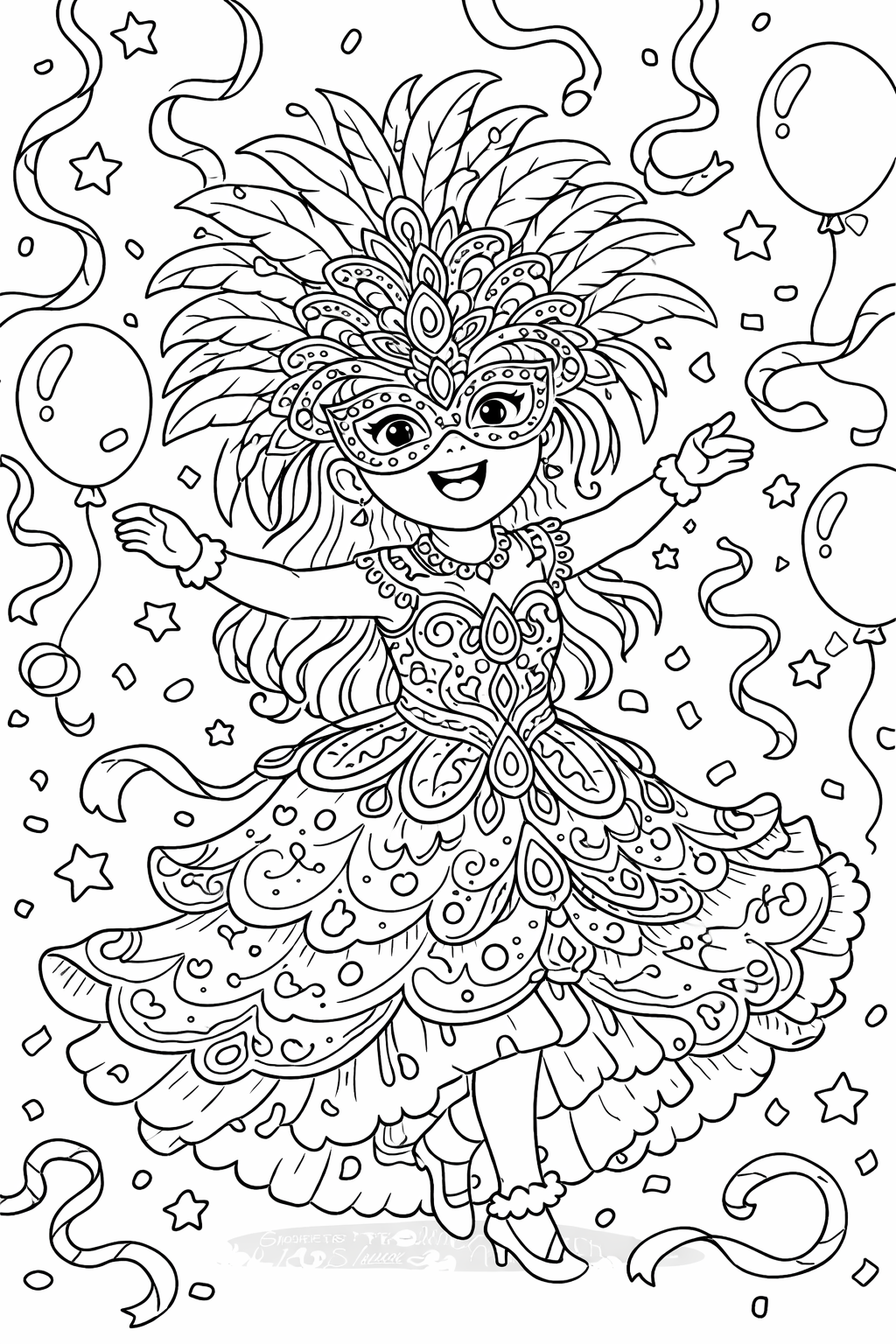 A delightful coloring page depicting a princess in a carnival outfit with a decorative mask and festive dress, surrounded by stars, balloons, and ribbons.