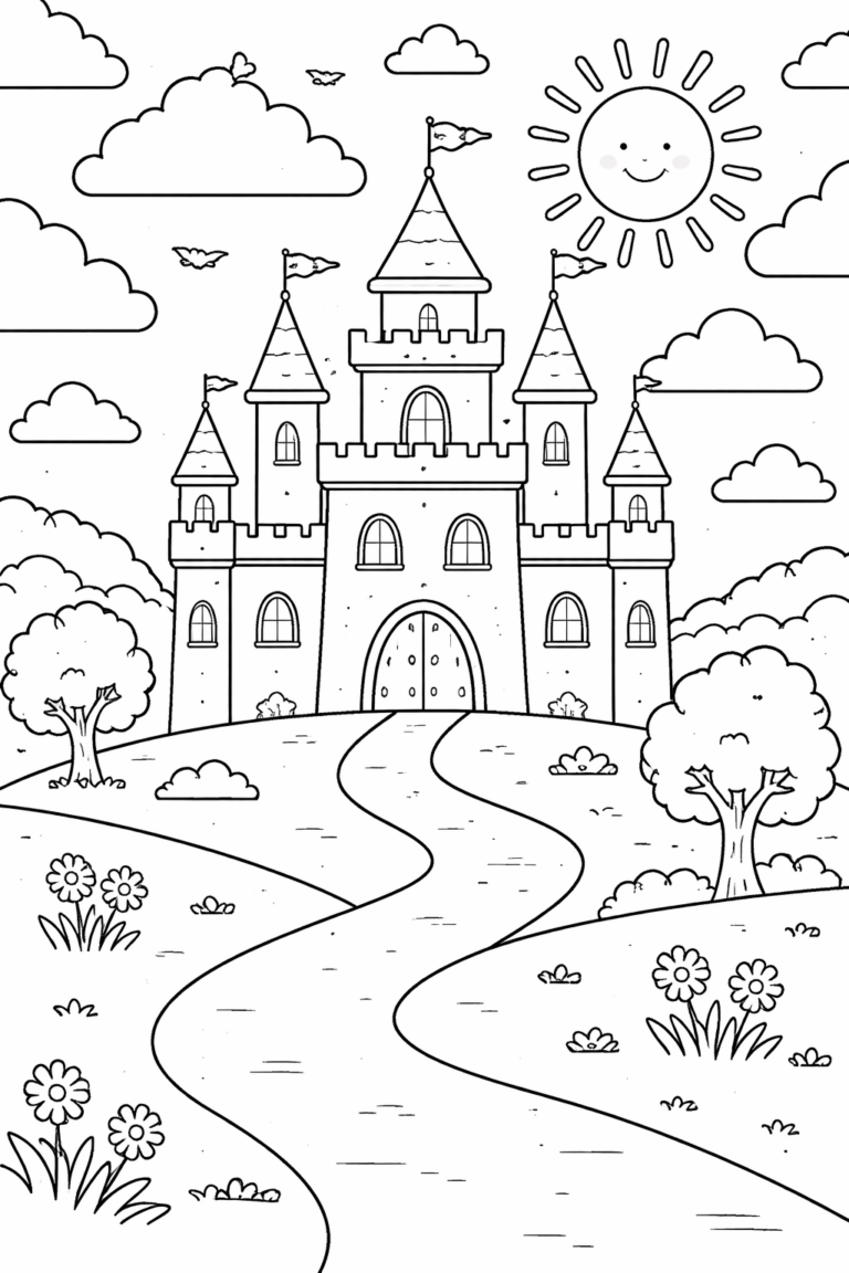 A whimsical castle coloring page featuring a large castle with towers, flags, and a surrounding landscape with trees and flowers. The scene is topped with a bright sun and fluffy clouds, inviting children to bring it to life with their favorite colors.