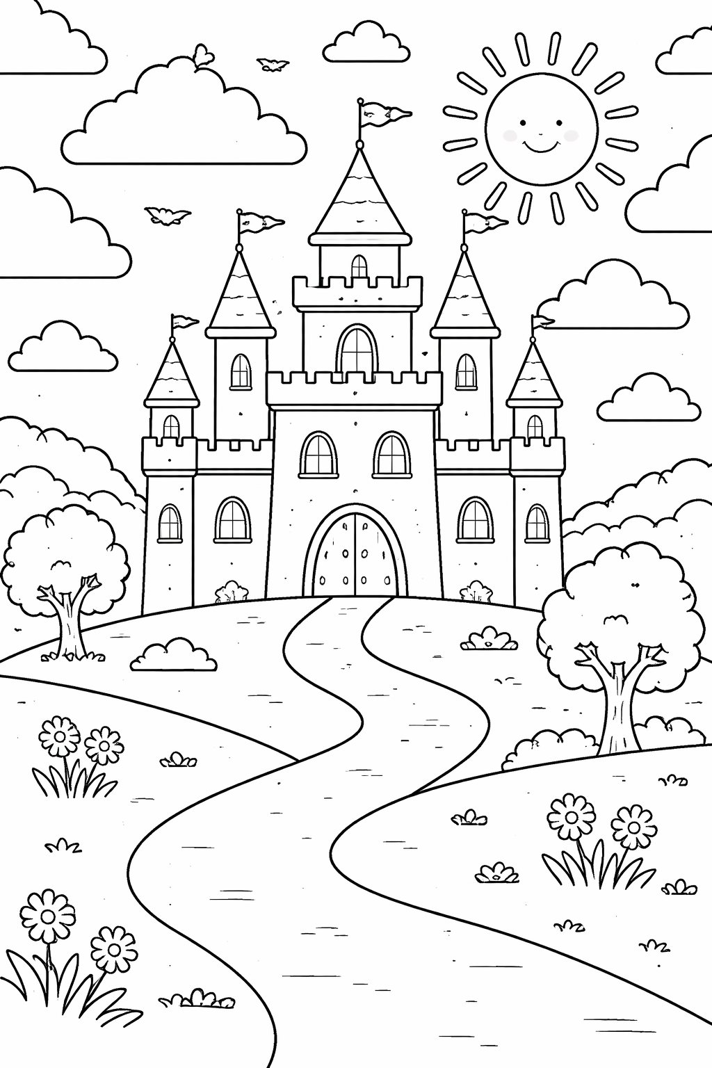 A whimsical castle coloring page featuring a large castle with towers, flags, and a surrounding landscape with trees and flowers. The scene is topped with a bright sun and fluffy clouds, inviting children to bring it to life with their favorite colors.