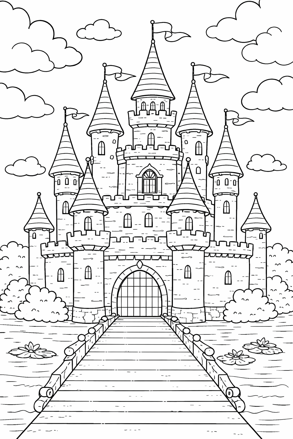 A detailed coloring page of a grand castle with numerous towers and flags, surrounded by water and greenery, designed to inspire children's creativity.