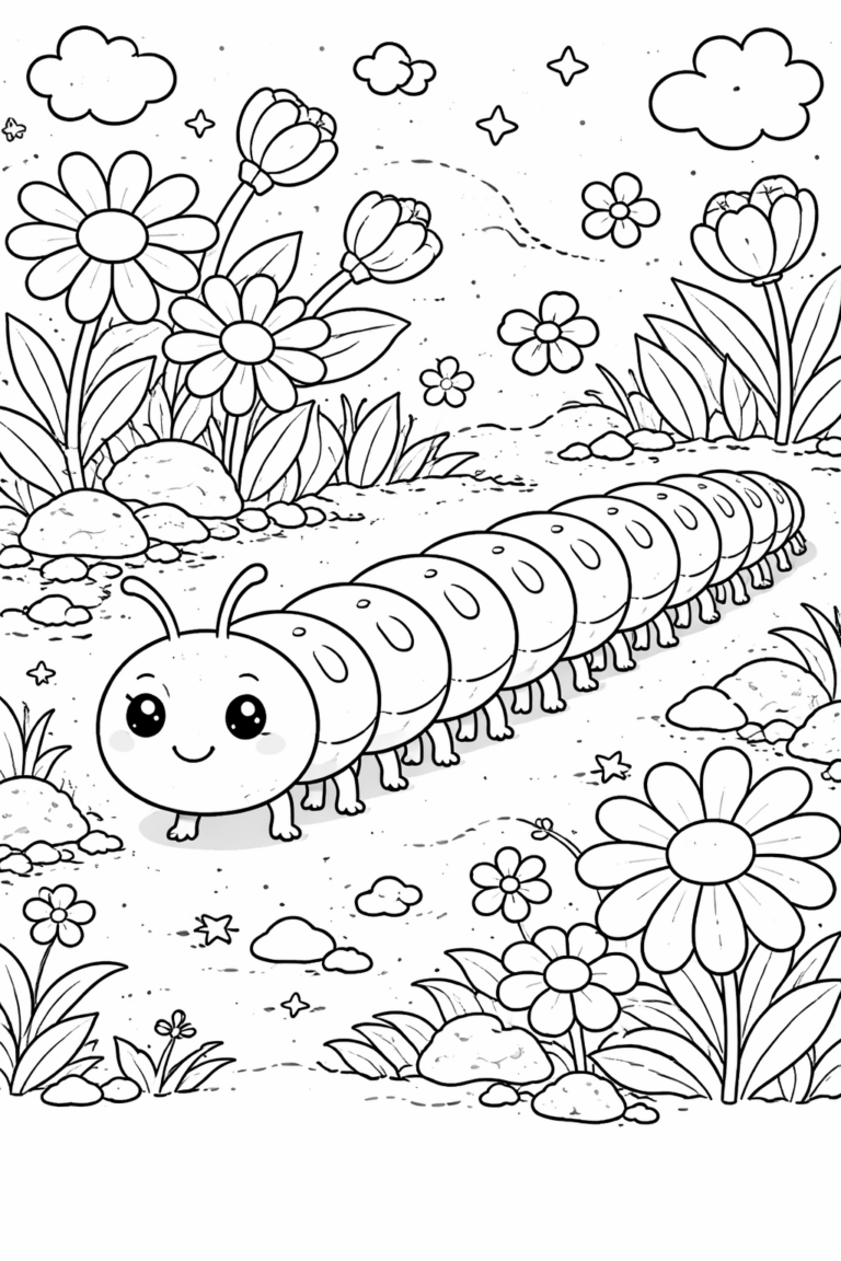A delightful coloring page showing a smiling caterpillar in a garden filled with beautiful flowers and clouds, perfect for kids to color and enhance their creativity with vibrant colors.