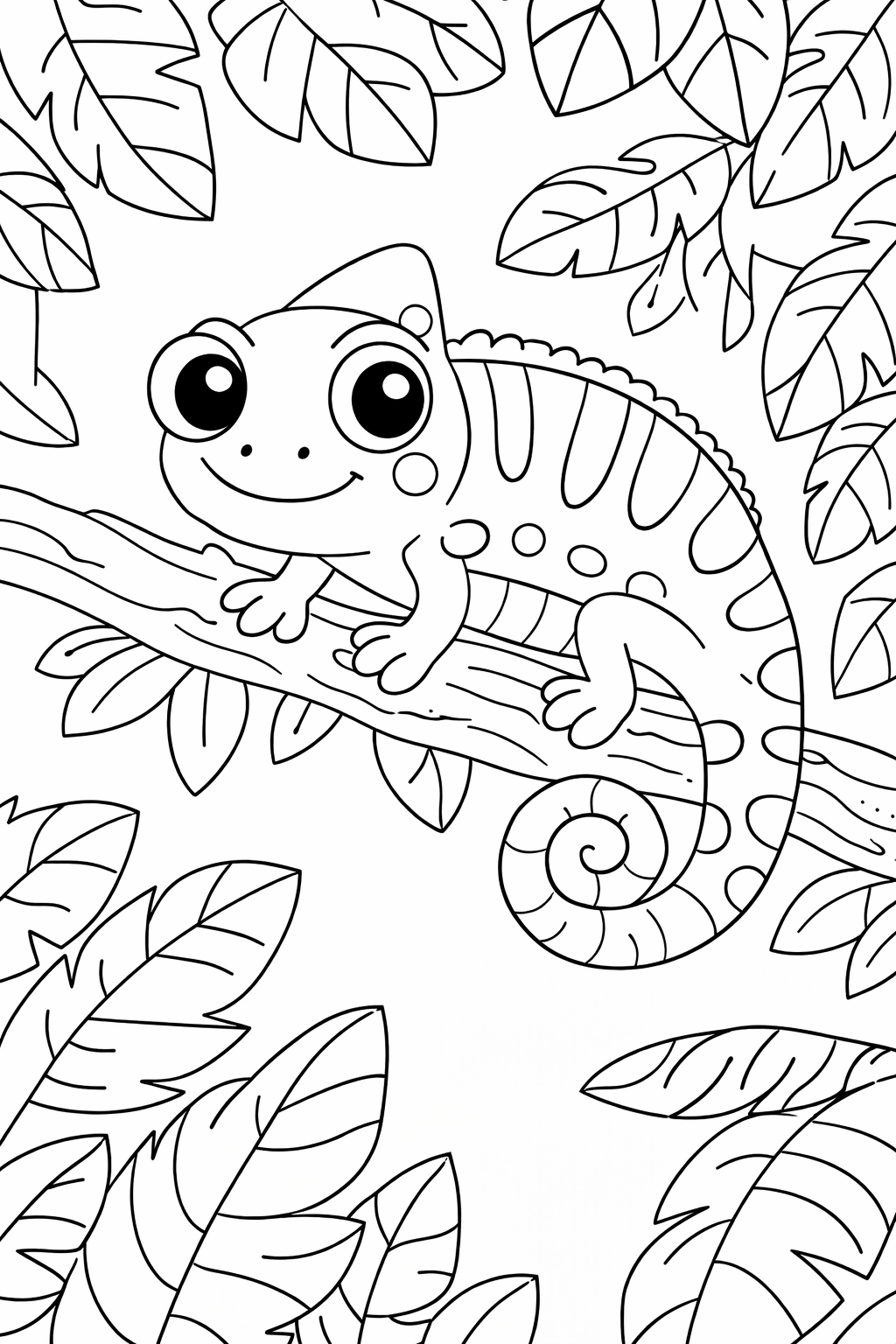 A children's coloring page depicting a chameleon on a branch surrounded by tropical leaves. Simple outlines encourage creativity, perfect for young children who love animals and coloring activities.