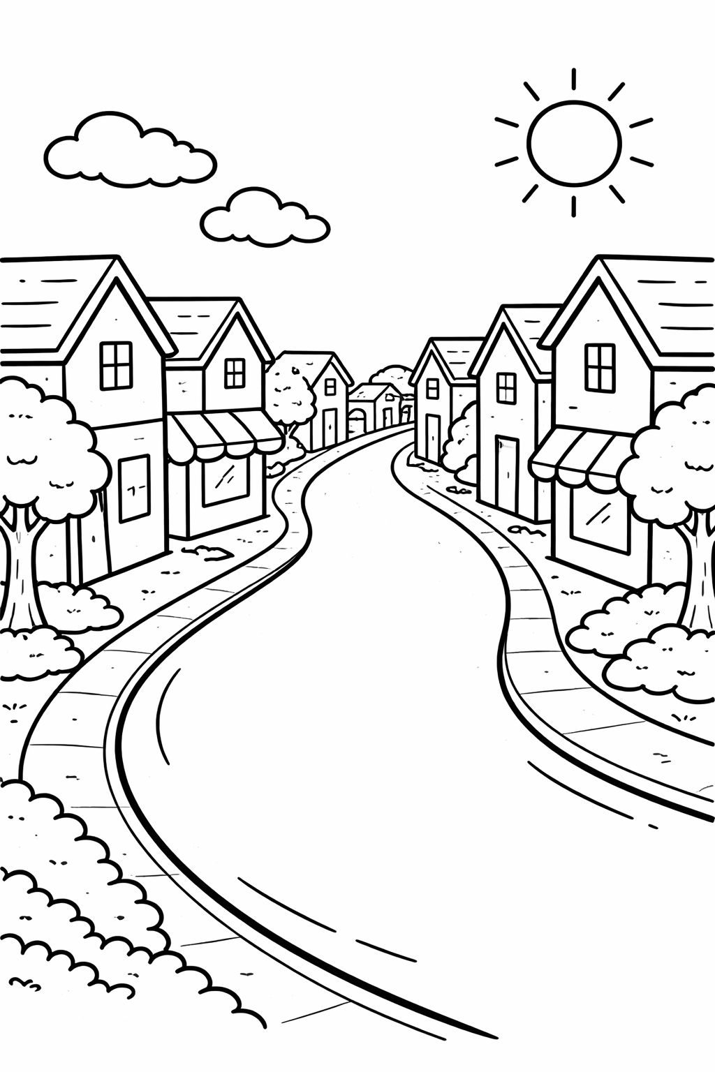 A coloring page showing a village street with houses on both sides, trees, a bright sun, and fluffy clouds. Ideal for children to color in their favorite colors.