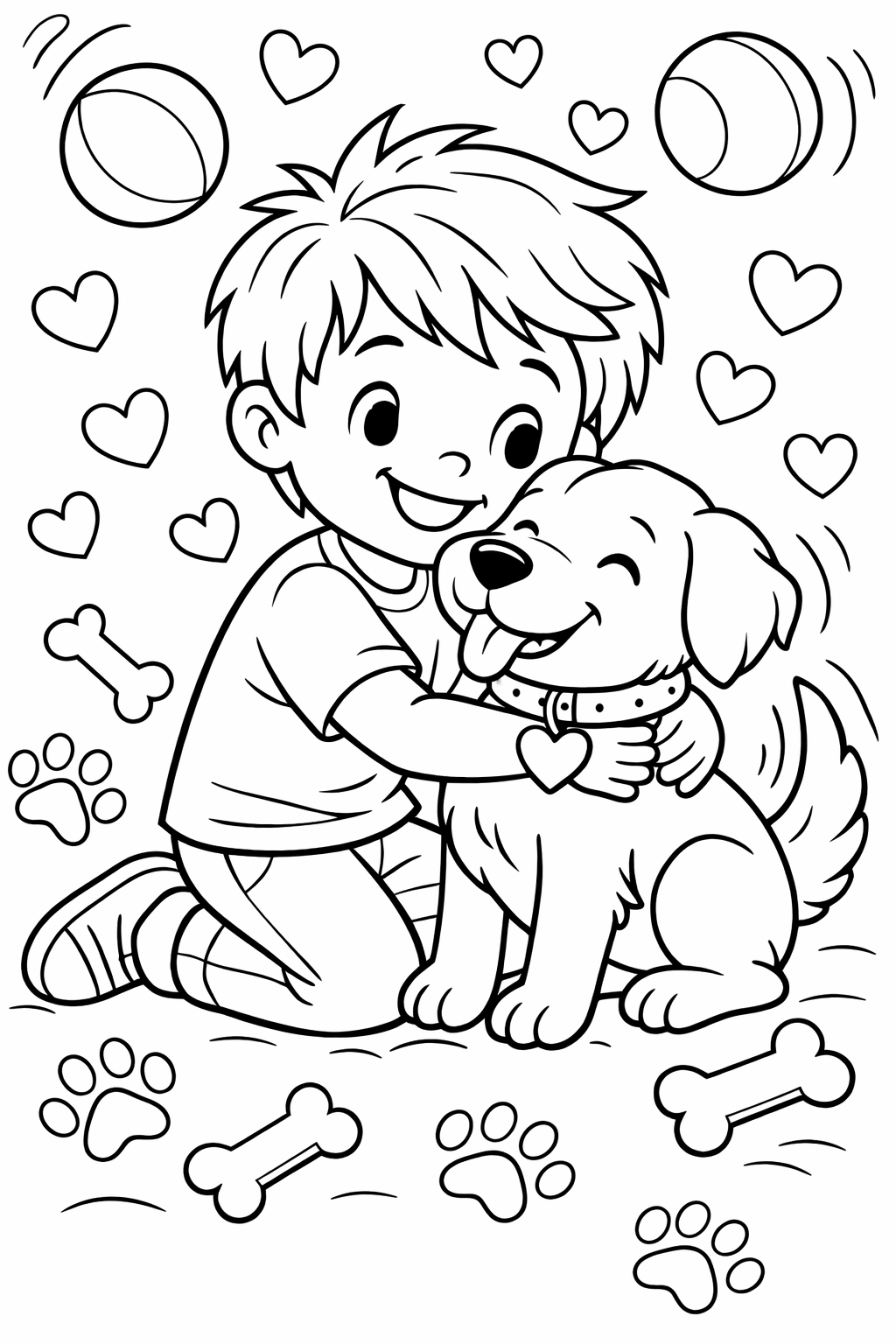 A joyful child hugging a happy dog surrounded by hearts, bones, and playful paw prints, perfect for an engaging coloring activity for children.