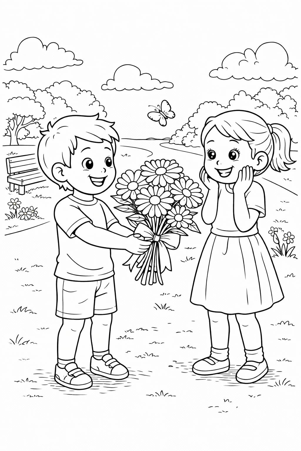 A delightful coloring page showing two children in a park. One child is handing over a bouquet of flowers to the other, surrounded by a serene landscape with trees and a bench. Perfect for kids to color and enjoy.