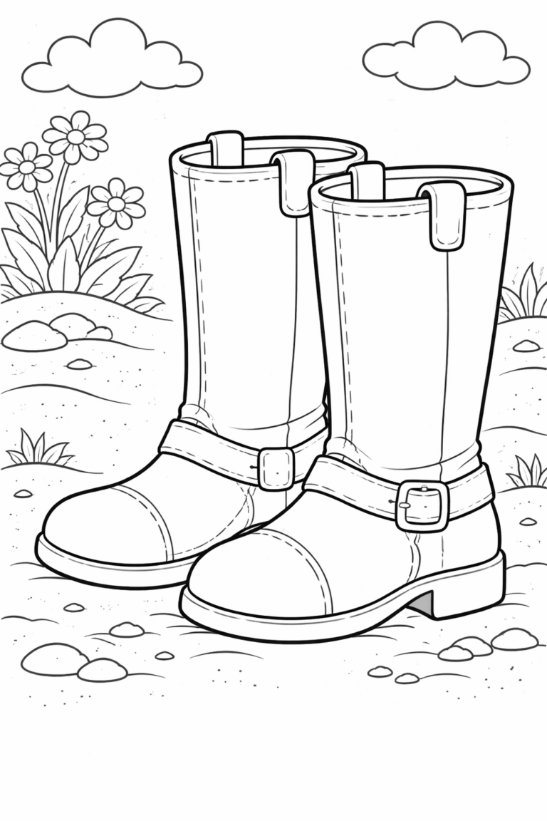 A coloring page displaying boots surrounded by nature with clouds and flowers, offering a joyful and creative activity for children.