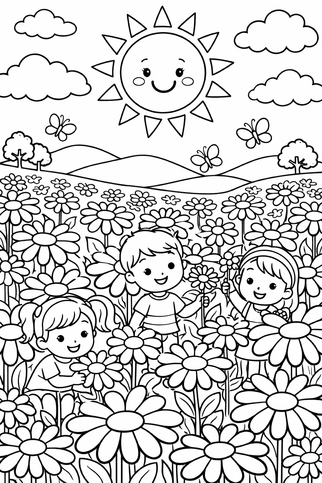 A delightful coloring page displays children gleefully playing in a flower field with large blossoms under a cheerful sun. Butterflies fly overhead, creating an enchanting scene for coloring.