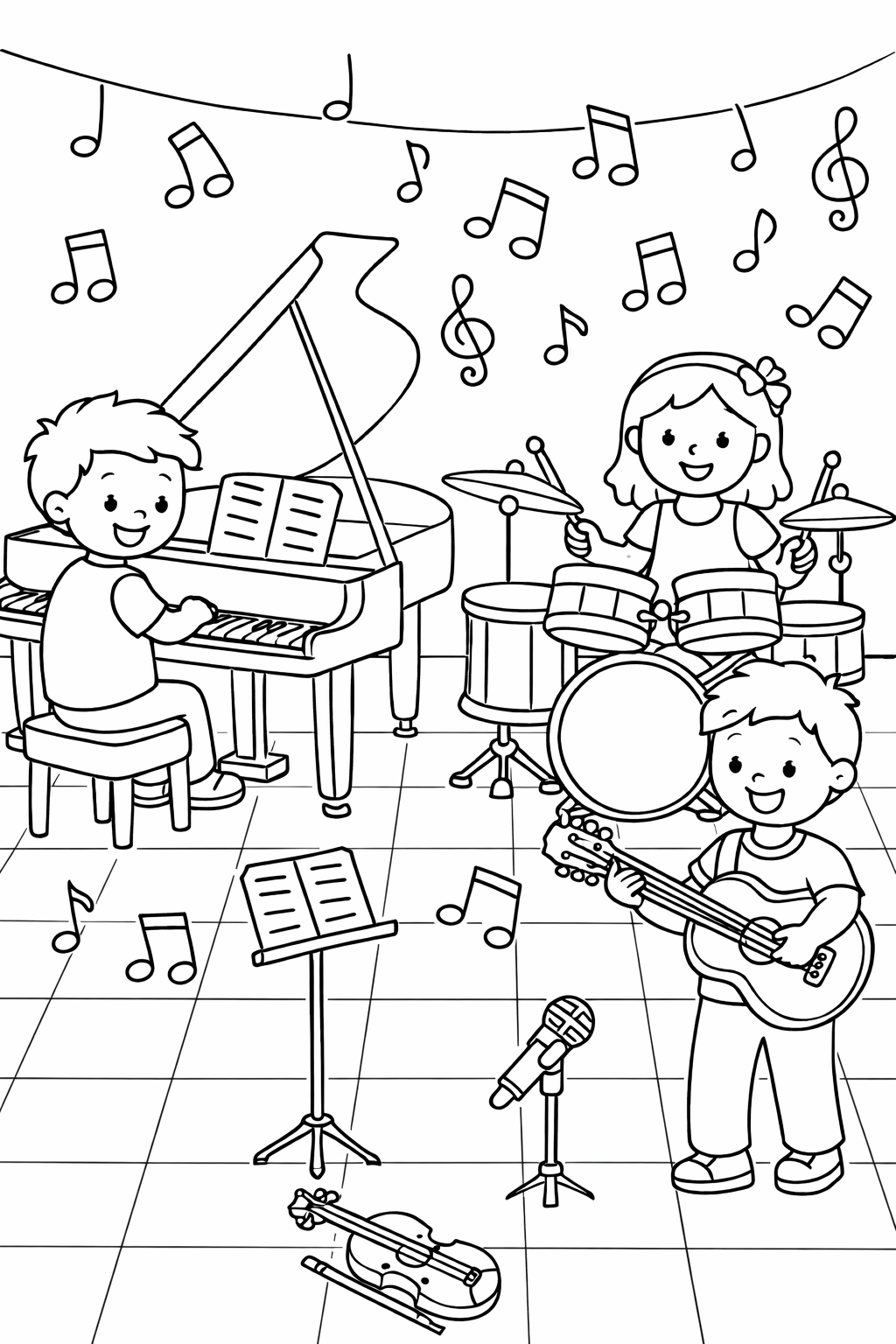 A children's music band coloring page featuring kids playing piano, drums, and guitar. Musical notes decorate the scene, creating a festive and joyful atmosphere for young coloring enthusiasts to explore and enjoy.