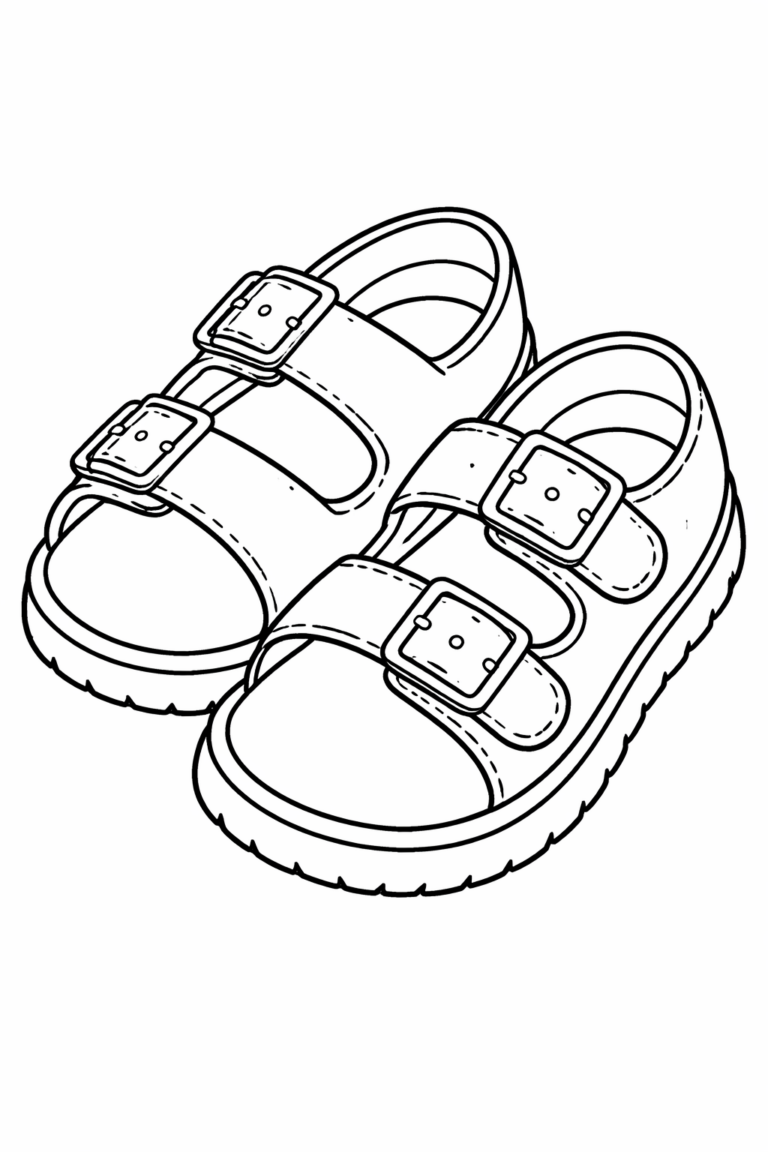 A coloring page showing a pair of children's sandals with detailed buckles and straps, designed for young artists to color and enjoy, enhancing their imagination and coloring skills.