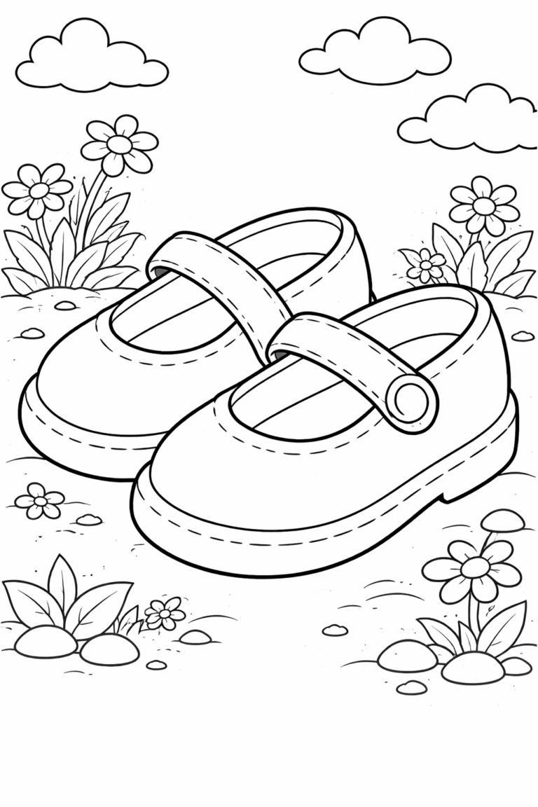 A charming coloring page displaying a pair of children's shoes surrounded by blooming flowers and soft clouds. The scene invites kids to color and engage creatively, bringing a vibrant touch to the delightful garden landscape.