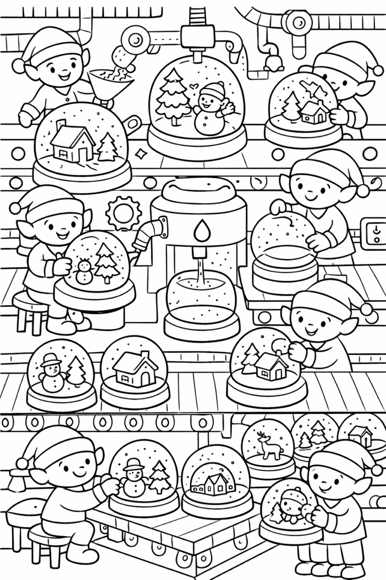 A festive coloring page featuring cheerful Christmas elves in a workshop, creating snow globes with snowmen, houses, and trees. Children can color this detailed scene and imagine a magical holiday atmosphere.