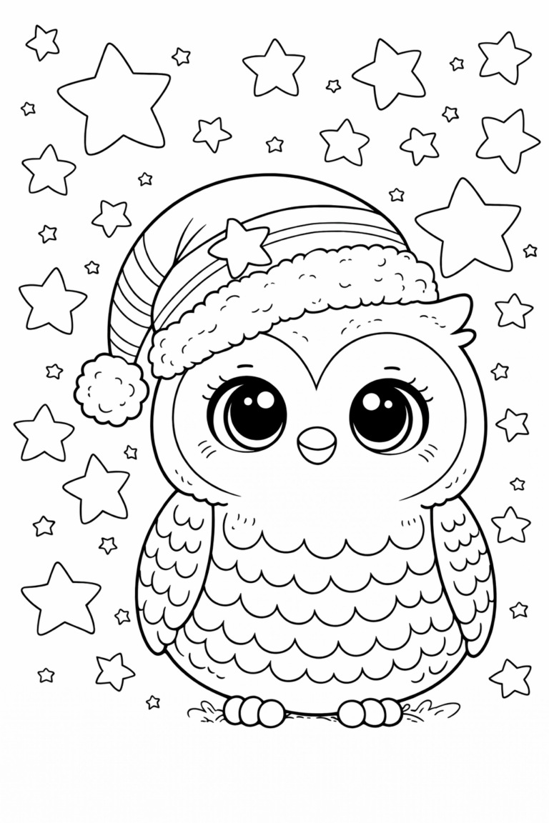 A cute owl with large eyes, wearing a Santa hat, surrounded by stars, ideal for children to color during the festive holiday season.