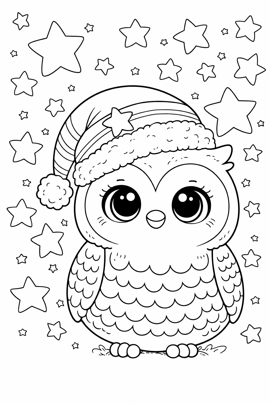 A cute owl with large eyes, wearing a Santa hat, surrounded by stars, ideal for children to color during the festive holiday season.