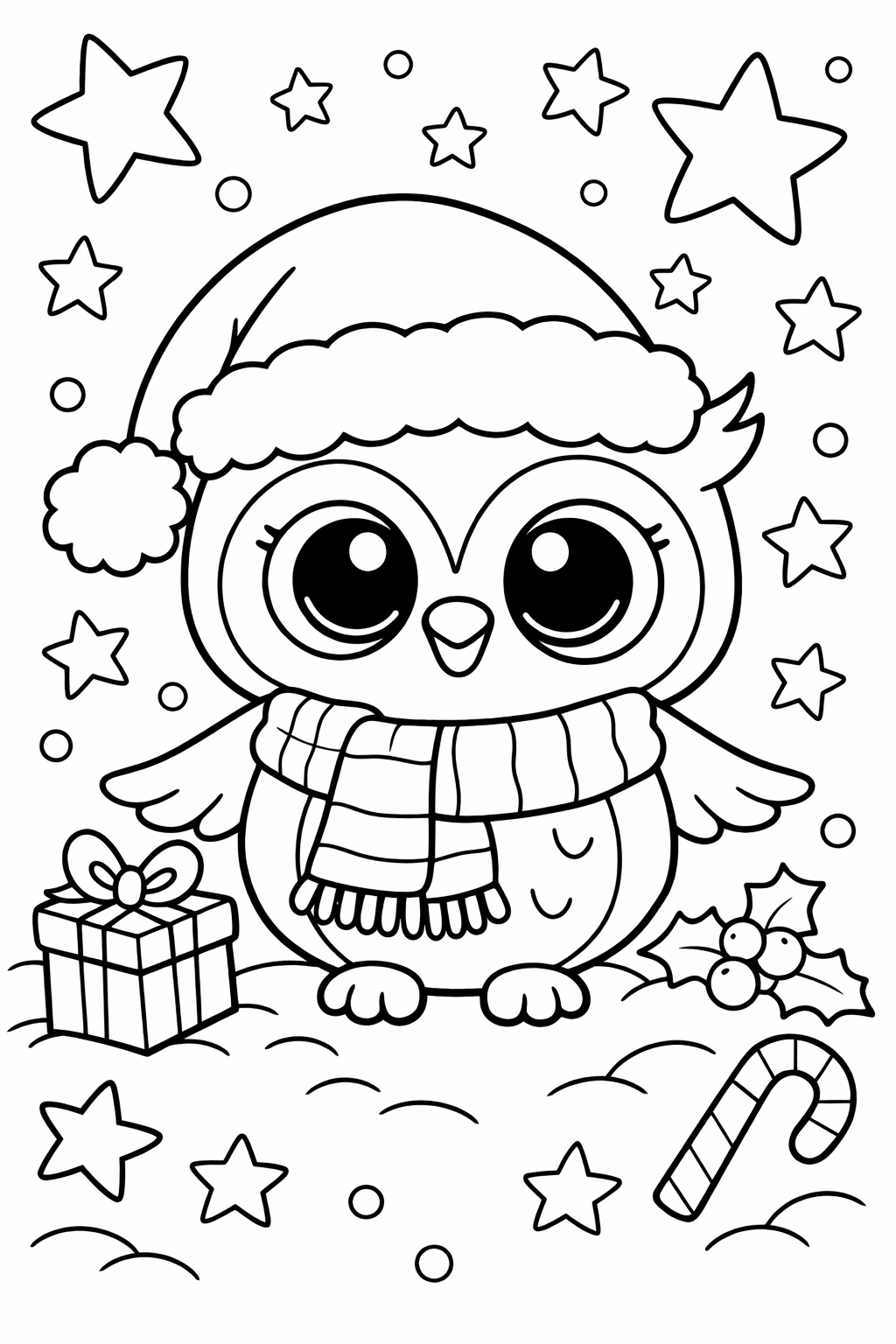 A cute owl wearing a Santa hat and scarf, surrounded by stars, gift, and holly, creating a festive holiday scene for coloring.