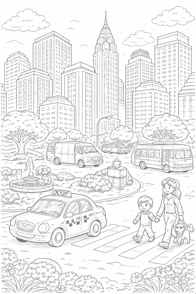 Color a dynamic cityscape showing skyscrapers, vehicles on the road, and a park with trees and a fountain. A woman and child are crossing a street on a zebra line, adding a human touch to the bustling urban view.