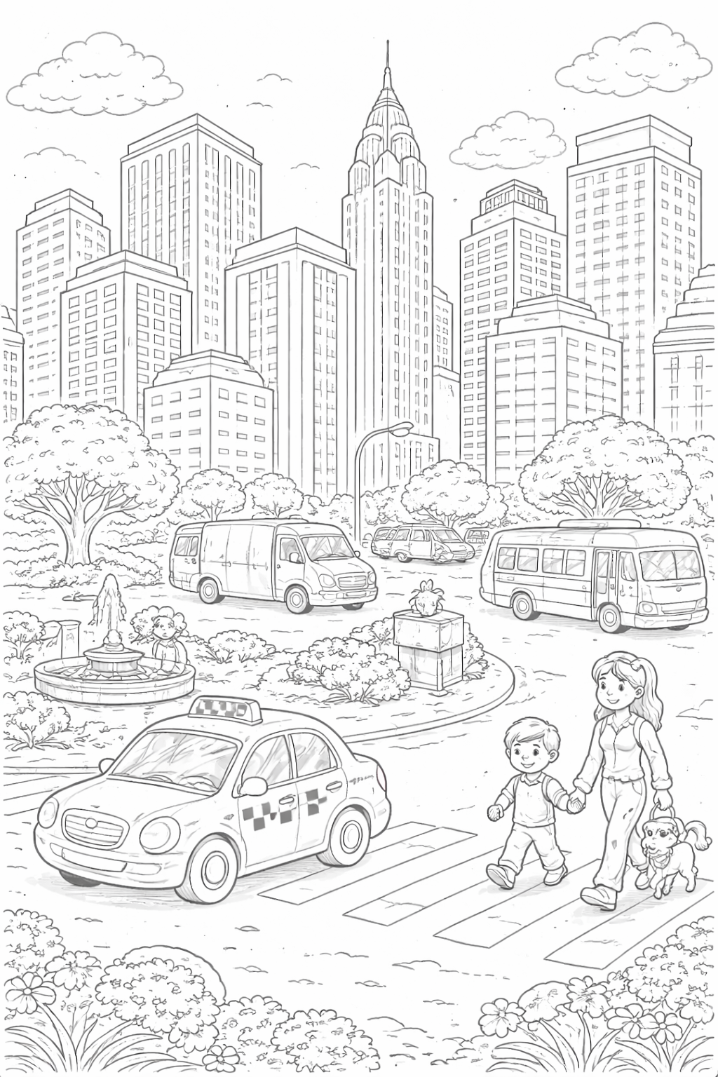 Color a dynamic cityscape showing skyscrapers, vehicles on the road, and a park with trees and a fountain. A woman and child are crossing a street on a zebra line, adding a human touch to the bustling urban view.