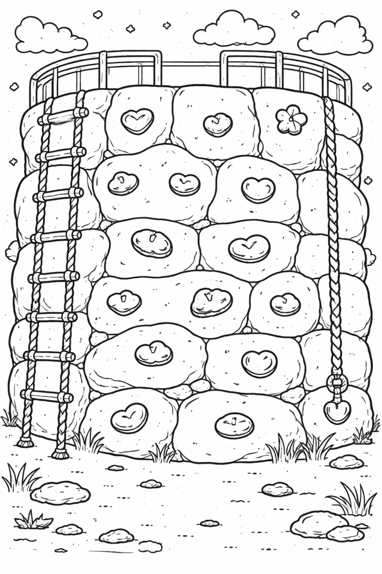 A children's coloring page of a climbing structure with heart-shaped holds, a rope, and a ladder, surrounded by clouds and vibrant scenery, designed to inspire creativity and enthusiasm for outdoor adventures.