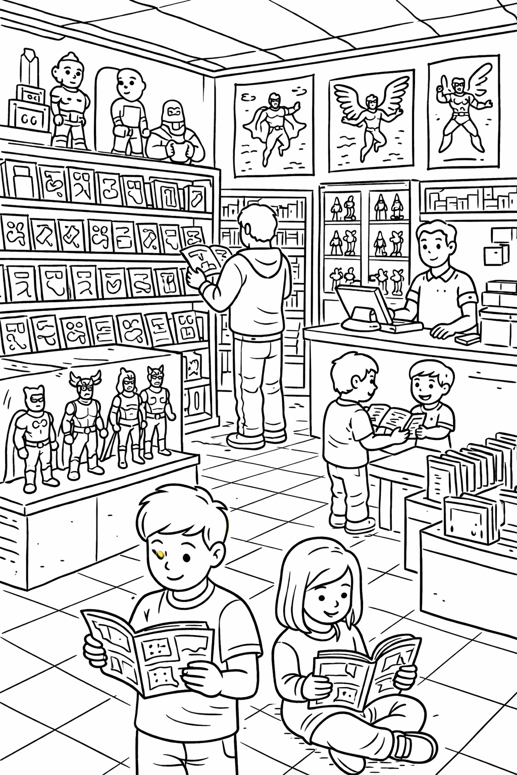 A vibrant comic book shop features children and adults engrossed in comic books, surrounded by superhero figurines on shelves. The setting invites young readers to explore their imagination and embark on adventurous journeys with their favorite characters.