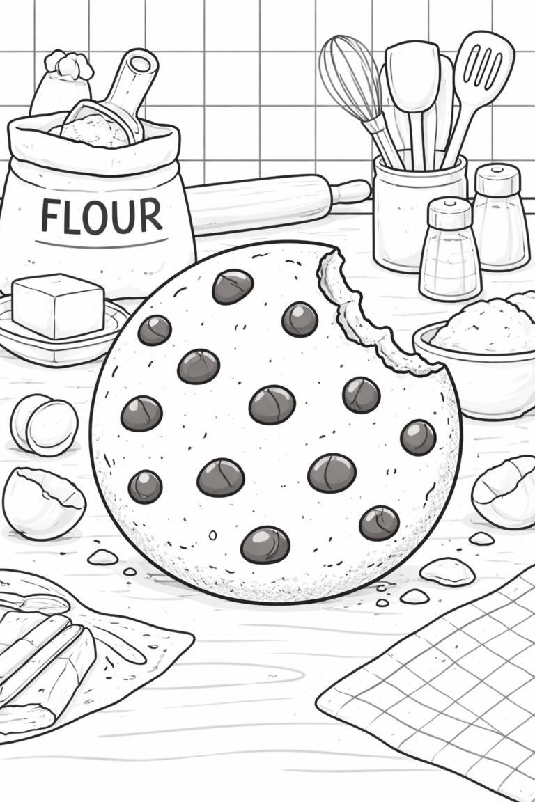 A large chocolate chip cookie on a kitchen counter surrounded by baking tools like a whisk, spatula, and flour sack, perfect for kids to color.