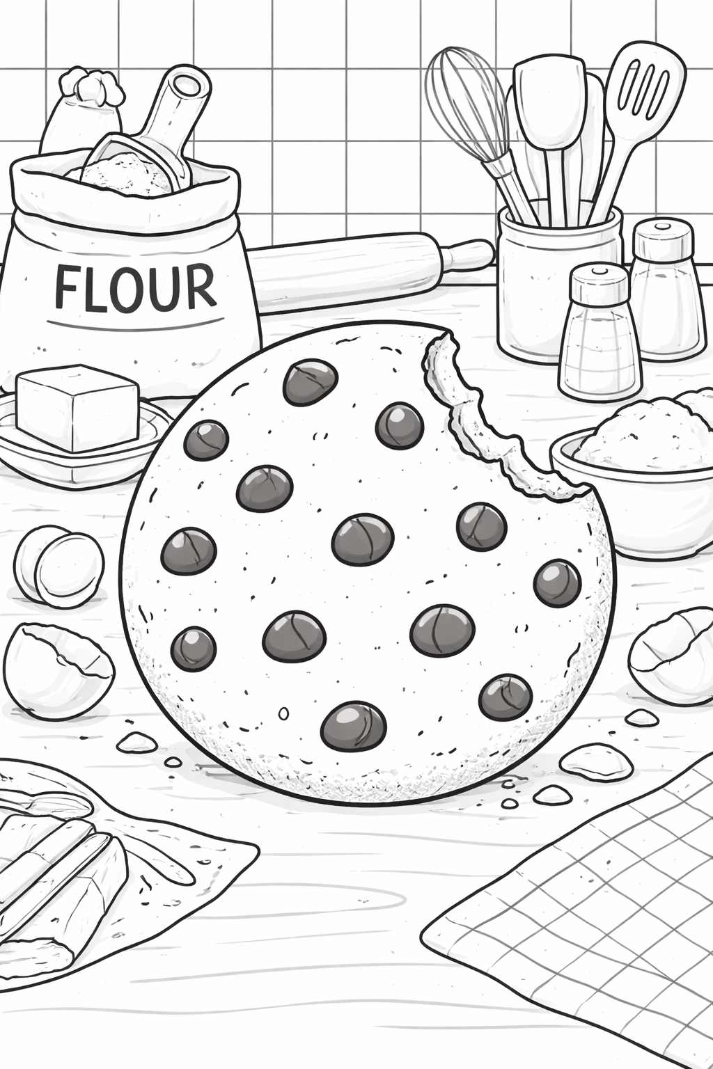 A large chocolate chip cookie on a kitchen counter surrounded by baking tools like a whisk, spatula, and flour sack, perfect for kids to color.