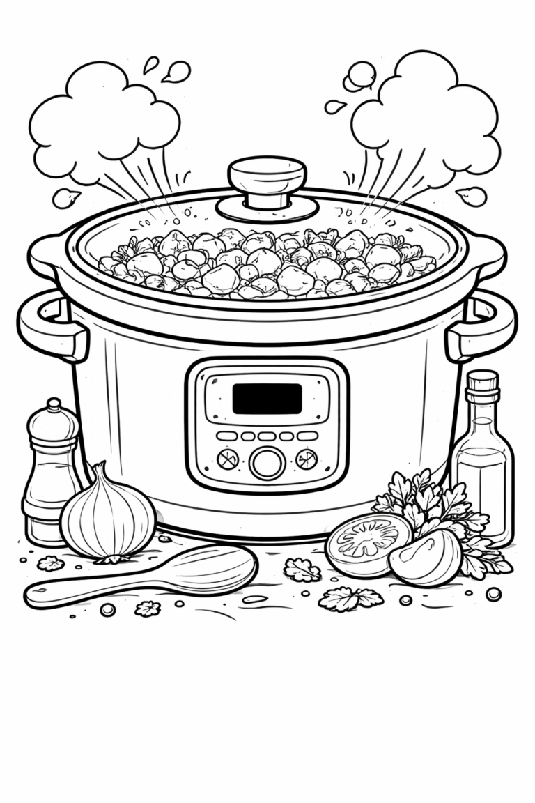 Children's coloring page with a crockpot and ingredients like onions and tomatoes, inviting creativity and imagination about cooking.