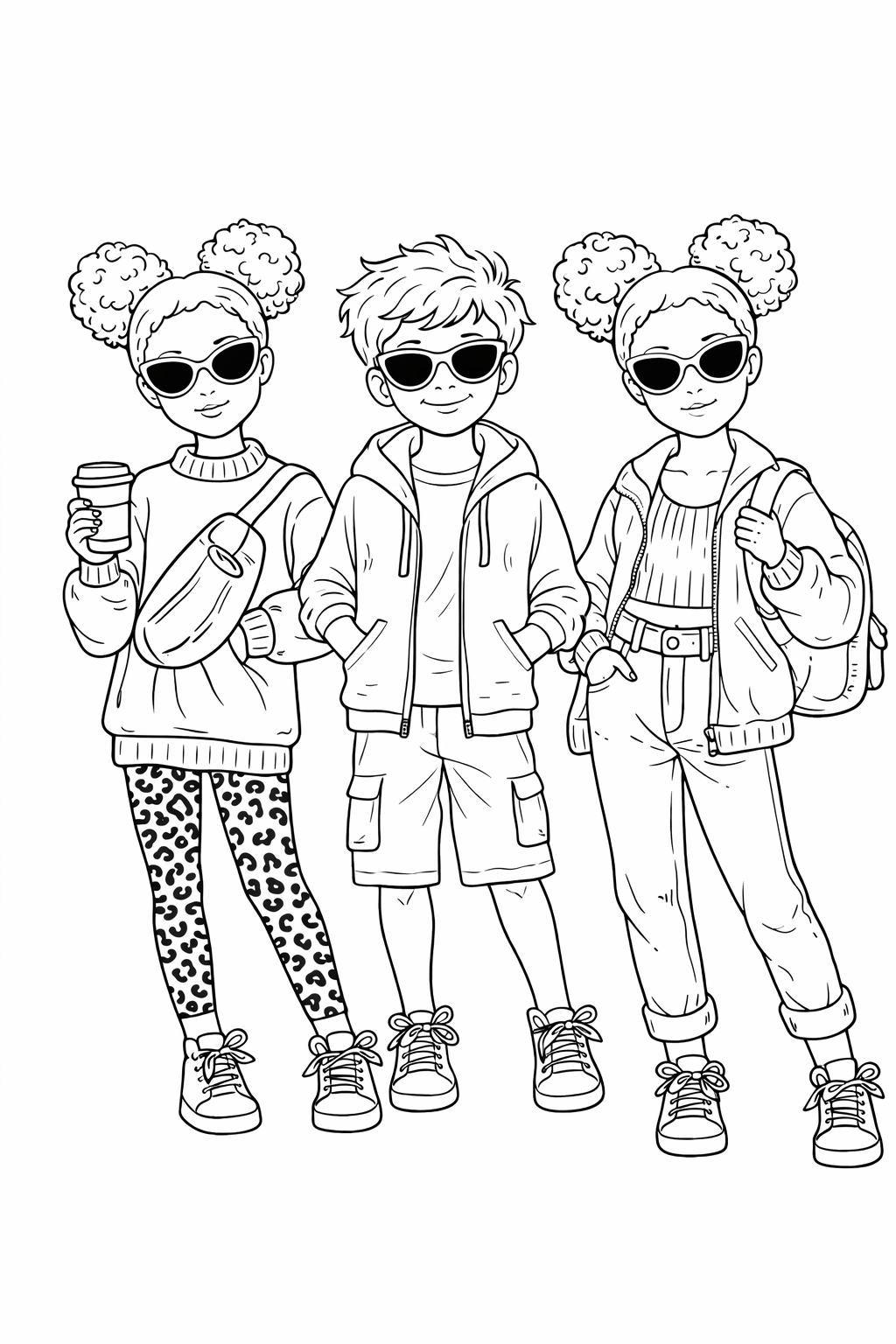 Three stylish kids with sunglasses and trendy outfits, each displaying unique fashion elements. Ideal for a creative coloring session focusing on modern fashion styles.