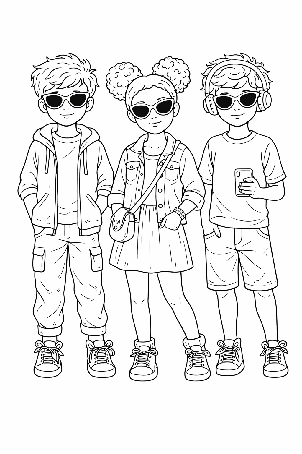 A fun coloring page showing three stylish kids dressed in trendy outfits with sunglasses, perfect for engaging young artists in a creative coloring activity.