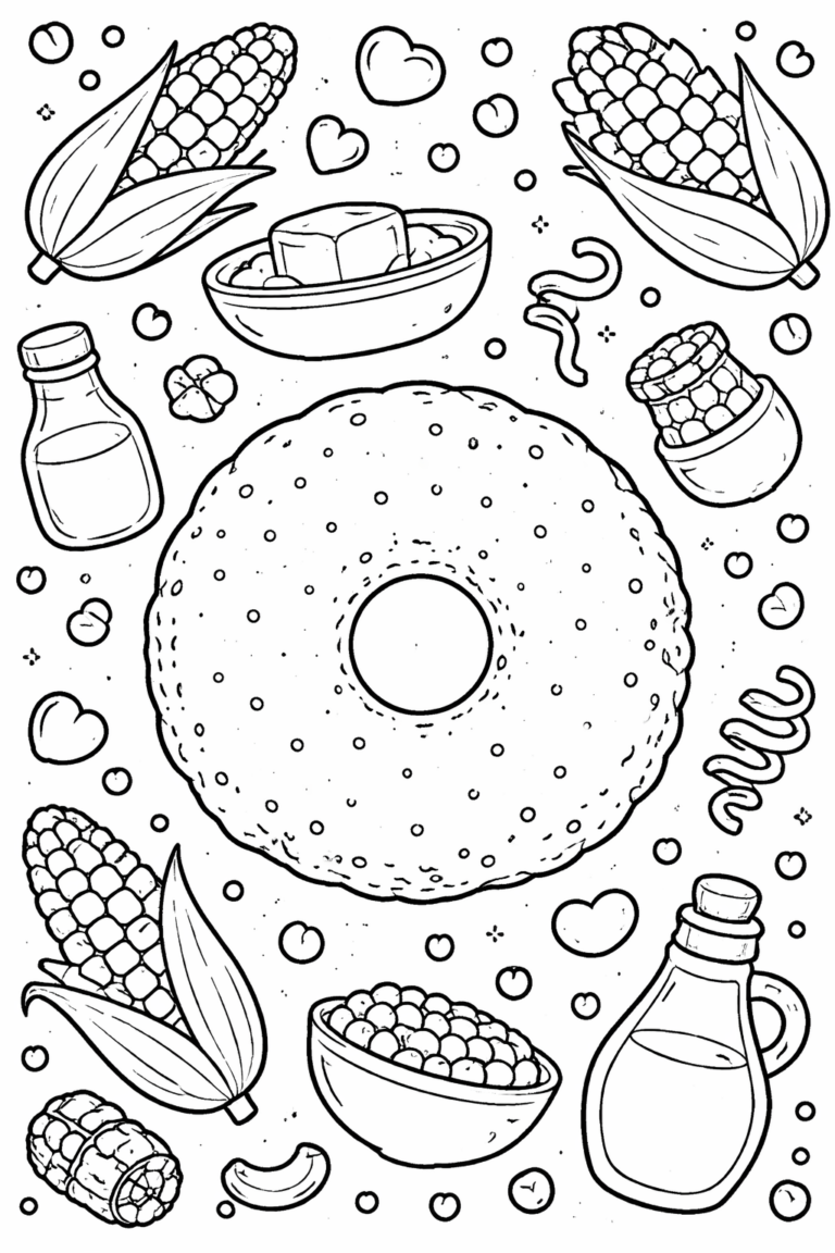 A kid-friendly coloring page depicting a corn doughnut with corn cobs, syrup bottles, and various cute elements. Ideal for stimulating creativity in children.