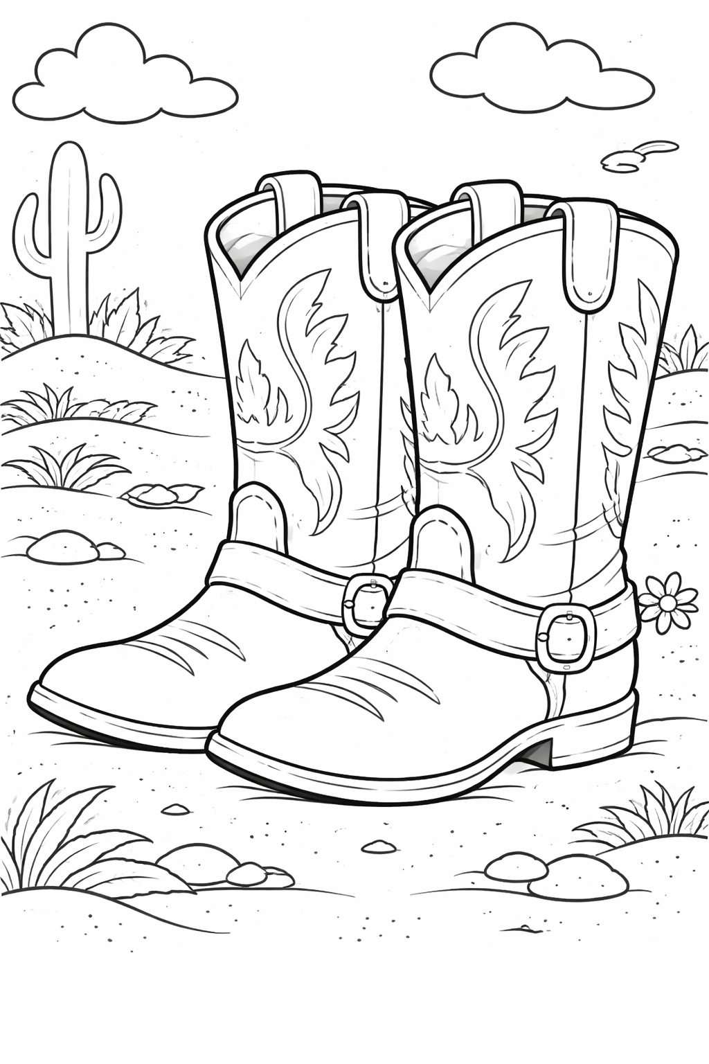 A children's coloring page of large cowboy boots with detailed patterns, surrounded by a desert scene with cacti and clouds.