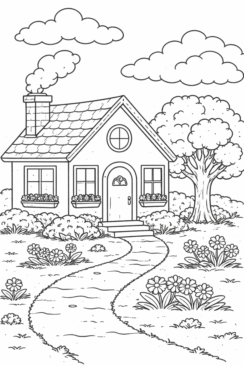 Coloring page of a cozy cottage with blooming flowers, trees, and a winding pathway. This idyllic scene offers a wonderful opportunity for children to explore coloring techniques and bring a serene landscape to life with vibrant colors.