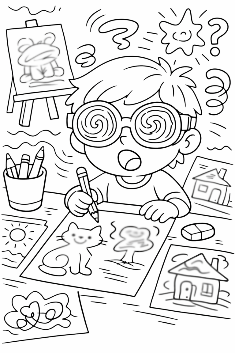 A delightful coloring page featuring a child with spiral glasses drawing, surrounded by sketches of a cat, house, and playful shapes to spark creativity and fun.