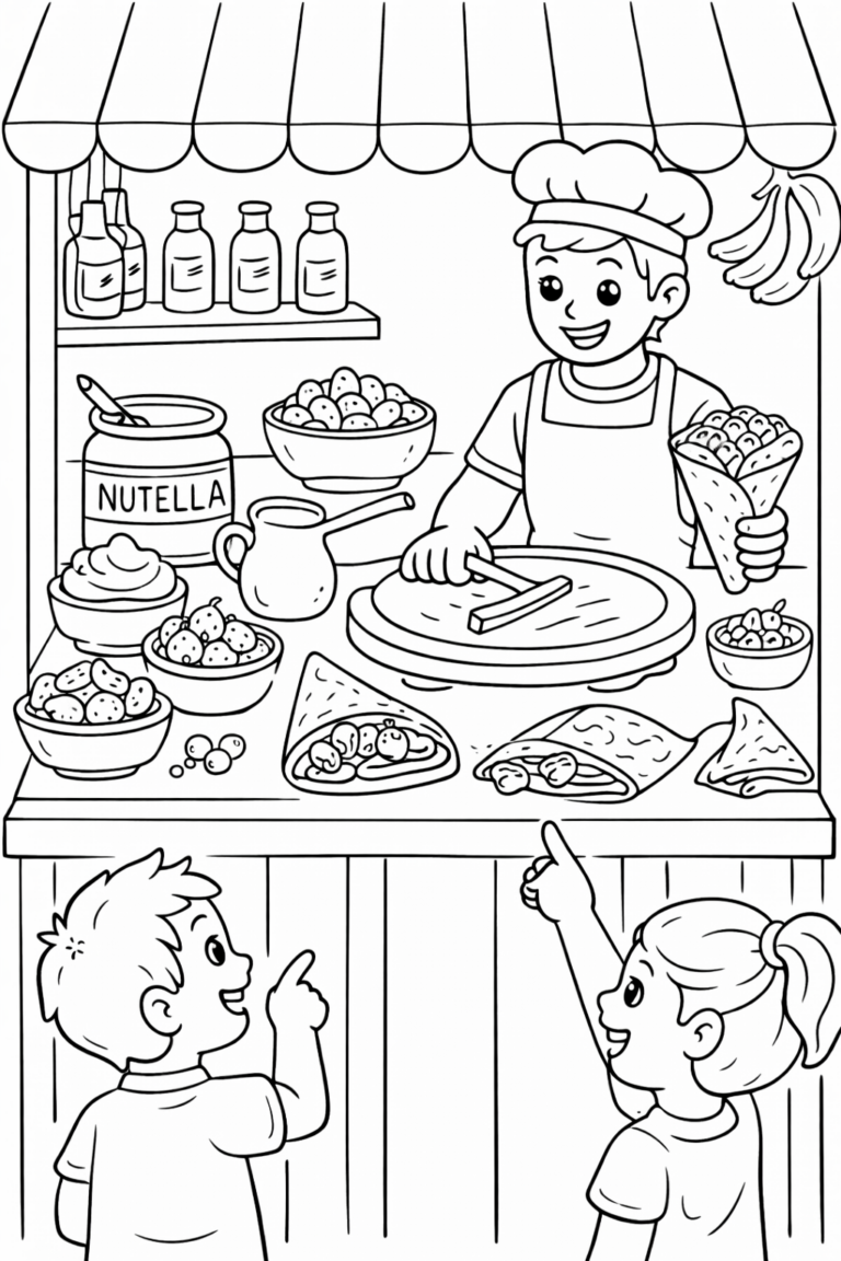 A lively crepe stand scene with a vendor preparing crepes. Children are choosing their treats. Features ingredients like Nutella and bananas, inviting kids to use vibrant colors.