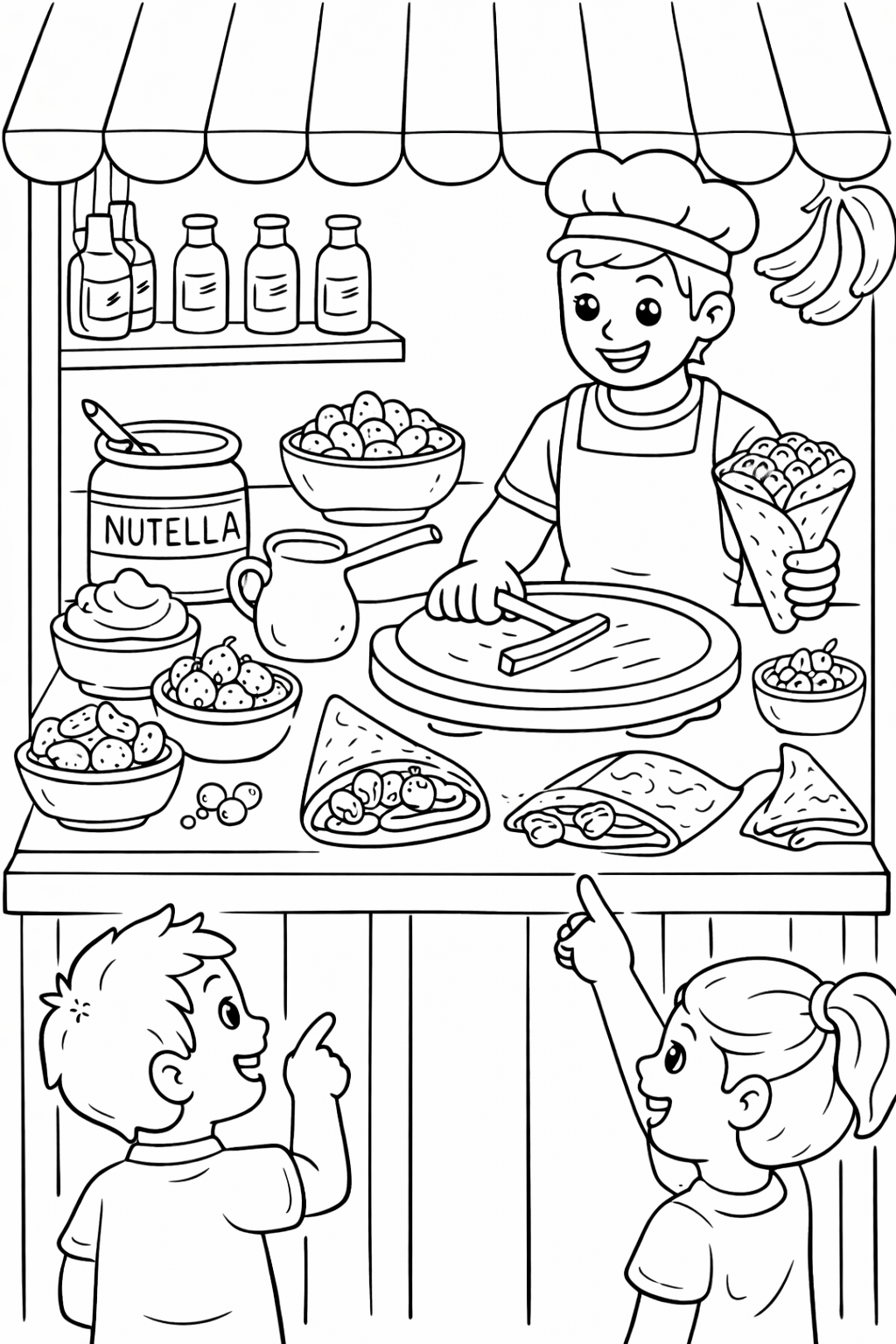 A lively crepe stand scene with a vendor preparing crepes. Children are choosing their treats. Features ingredients like Nutella and bananas, inviting kids to use vibrant colors.