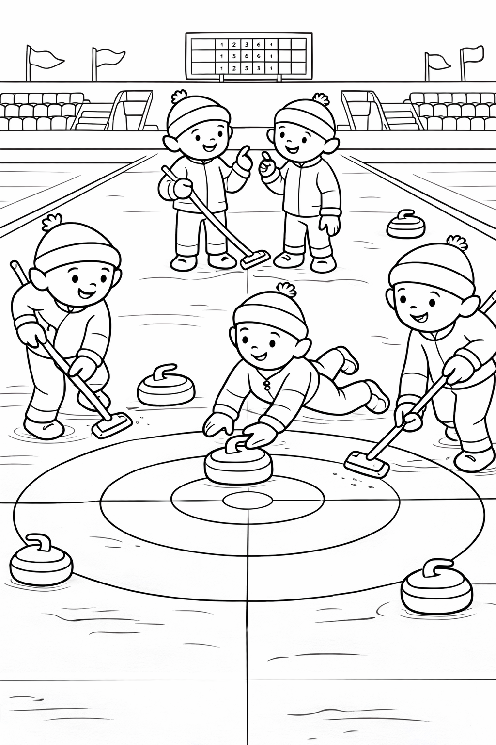 A children's coloring page showing a group of kids playing curling on an ice rink. They are dressed in winter attire, enjoying the sport with smiles. The scene includes curling stones, brooms, and a detailed arena setting.