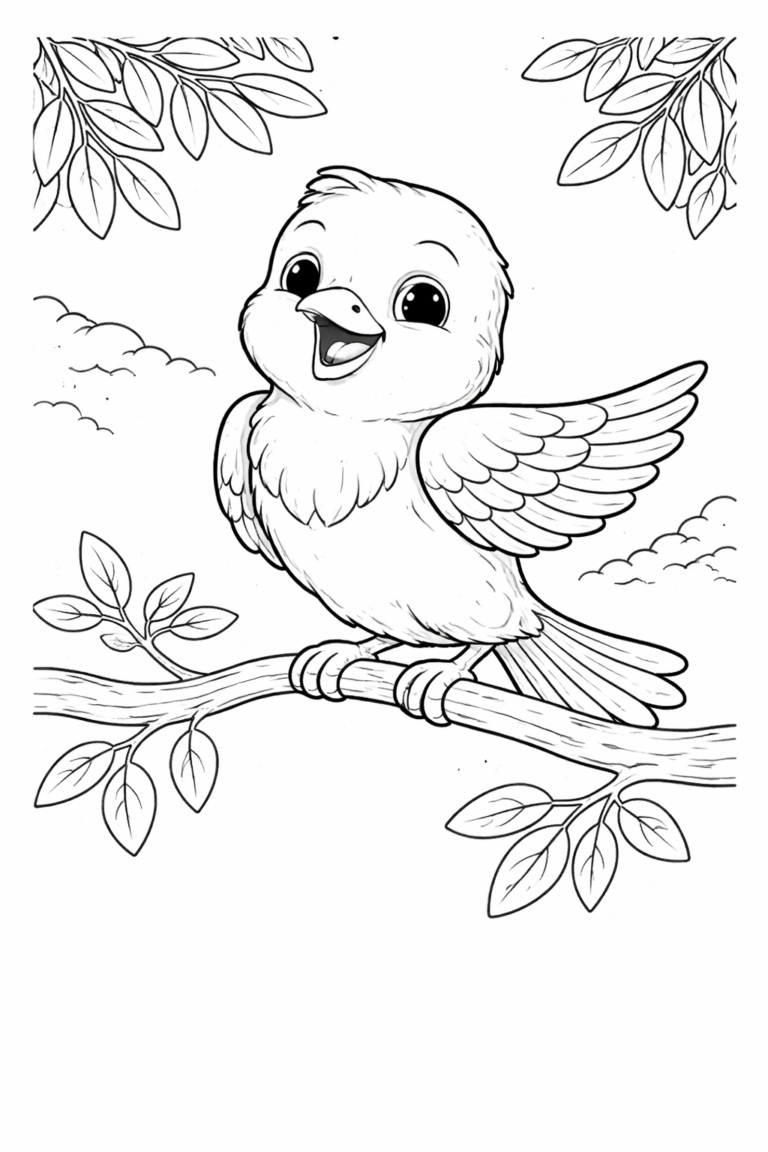 A coloring page showing a cute baby bird sitting on a branch surrounded by leaves and clouds. The bird is fluffy and happy, with open wings, perfect for coloring and learning about nature and animals.