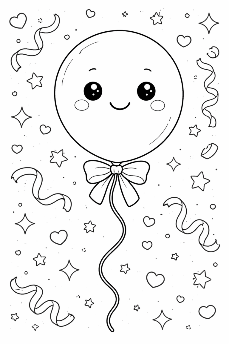 A cheerful coloring page of a cute smiling balloon with a bow. Kids can color the surrounding stars, hearts, and ribbons to create a joyful scene.