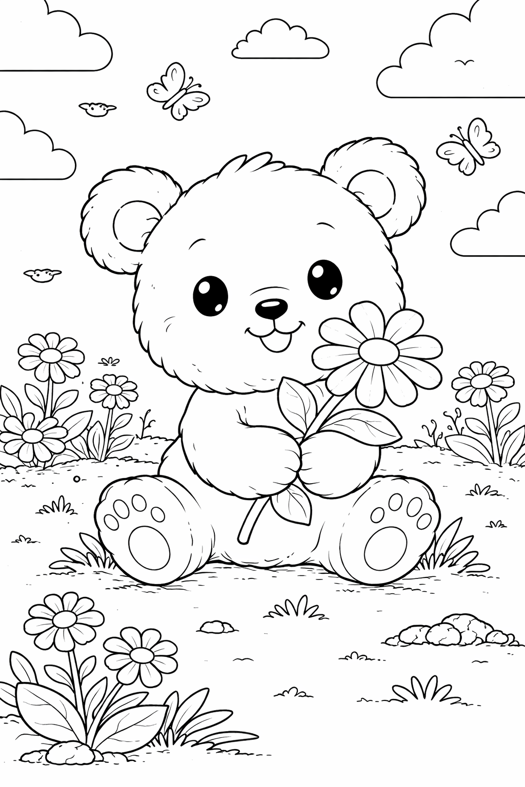 A cute bear sits in a field with a flower in hand, surrounded by flowers and butterflies. This coloring page is perfect for kids who enjoy coloring animals and nature scenes. It promotes creativity and fine motor skills.