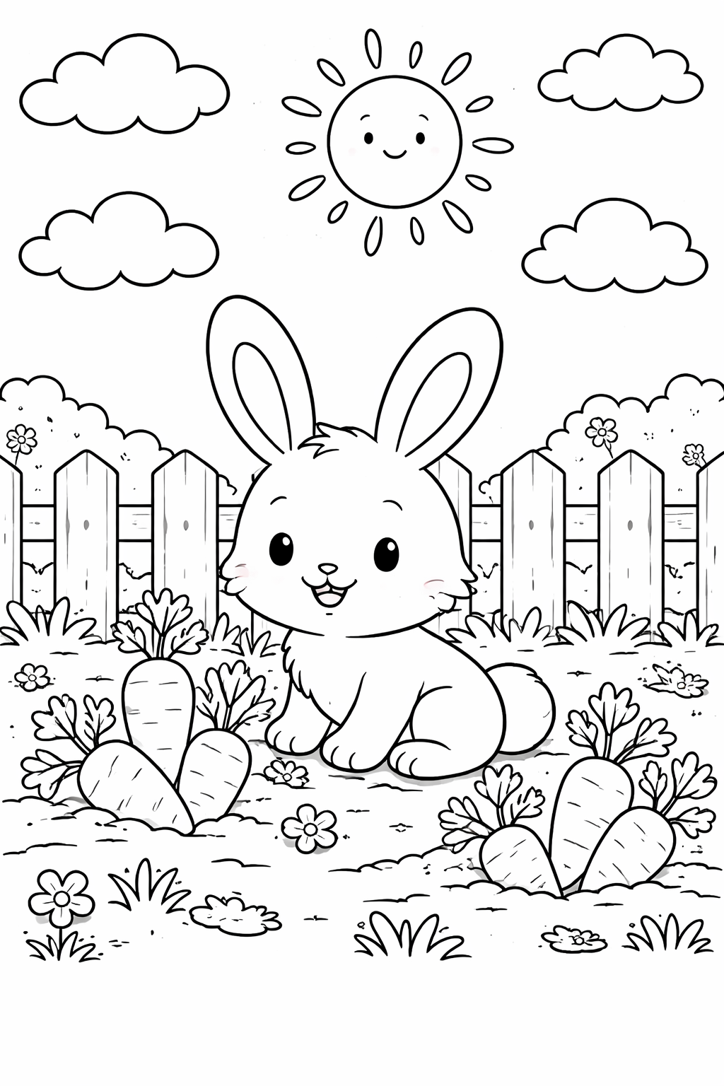 A charming bunny sits in a vibrant garden with carrots growing around. The sun smiles down, adding warmth, and a wooden fence completes the lively background.