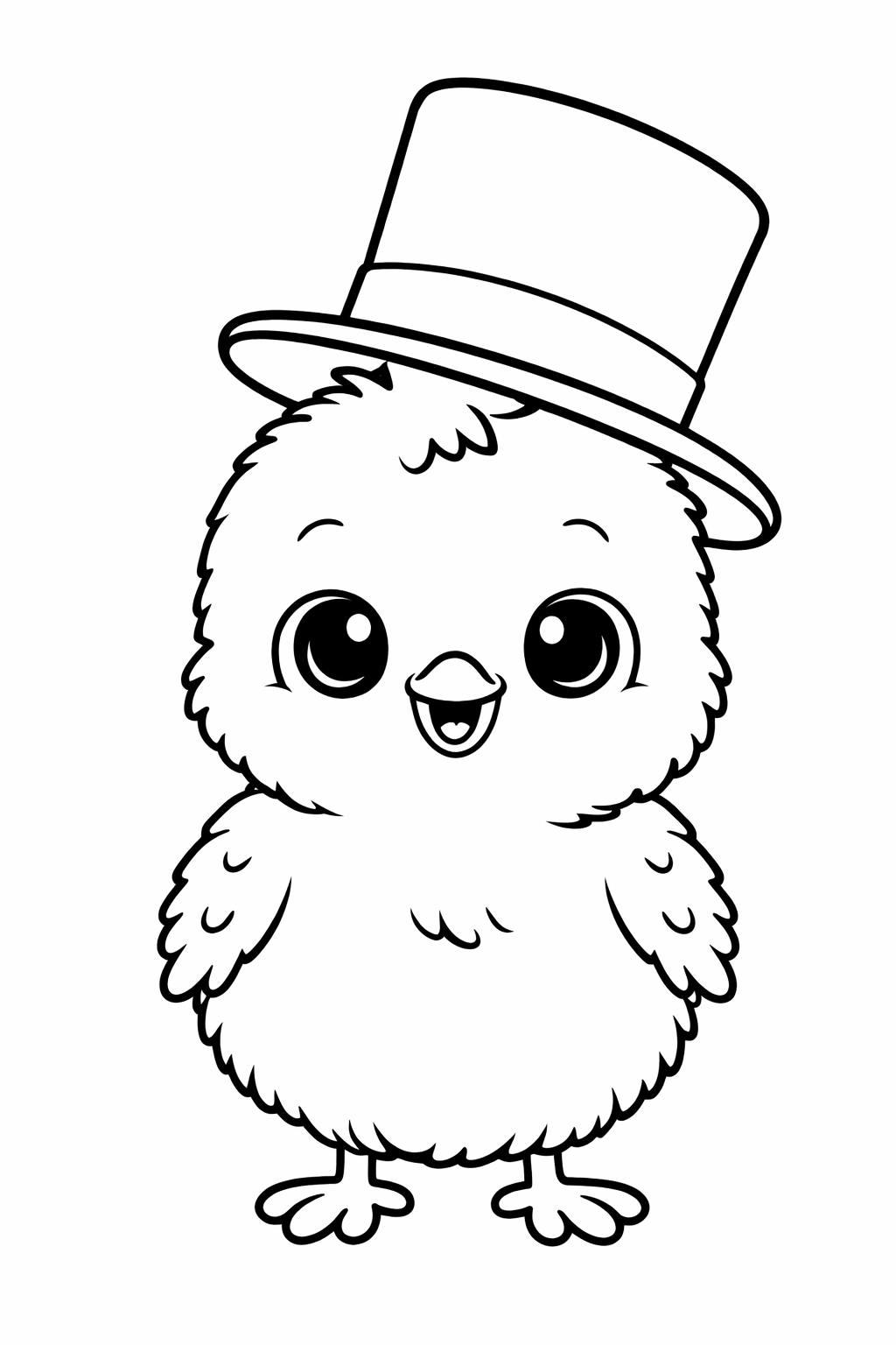 A delightful coloring page of an adorable chick with large eyes, a cheerful expression, and a stylish top hat. Perfect for children to color and enjoy while enhancing their creativity and artistic skills at the same time. This fun activity engages young minds.