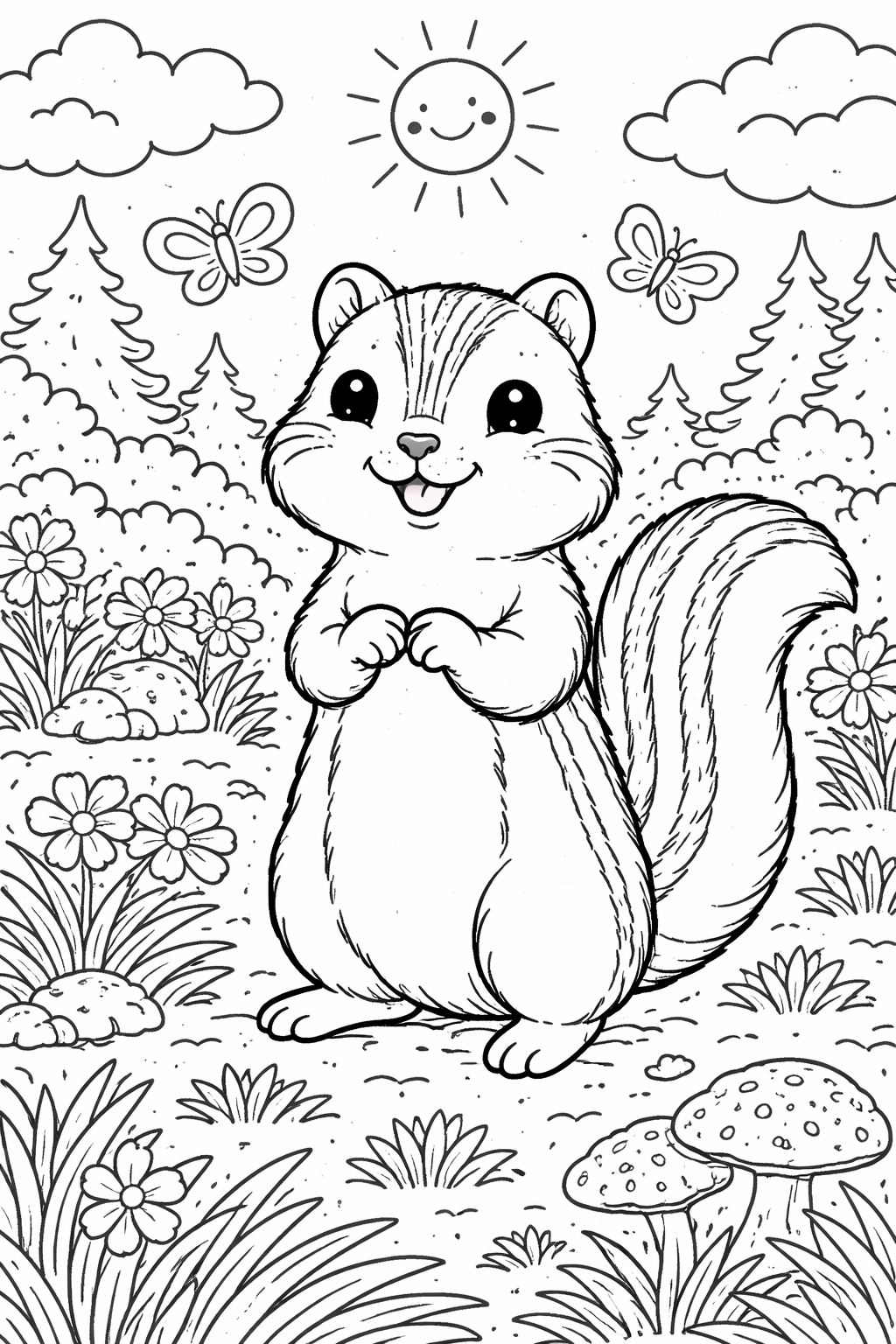 A cute chipmunk stands amidst flowers and butterflies in a cheerful forest under a smiling sun, inviting kids to color the playful scene.