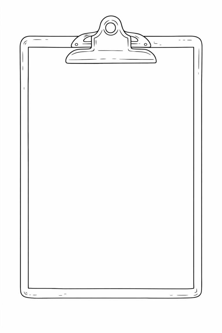 A children's coloring page showcasing a simple, cute clipboard outline, offering a blank canvas for kids to add unique colors and designs.