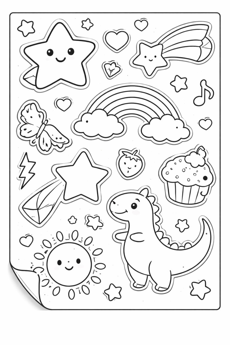A delightful coloring page with smiling stars, a cheerful dinosaur, rainbow, and other whimsical elements. Perfect for children to explore creativity and color these charming characters.
